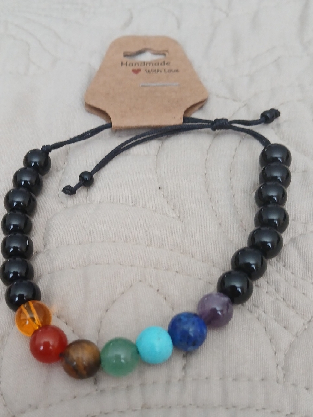 Handmade Black Bead Bracelet with Multi-Color Chakra Stones